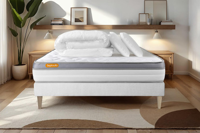 Pack lit complet 160x200 cm - Matelas + Sommier Blanc + 2 oreillers + Couette - Memo Zen