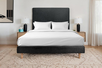 Lit 150x190 cm - Sommier tapissier H29 cm + tête de lit tapissée - Tissu Bouclette Noir
