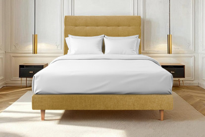 Lit 150x190 cm - Sommier tapissier H29 cm + tête de lit capitonnée - Tissu Toile natté Jaune