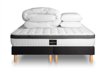 Pack lit complet 180x200 cm - Matelas + Sommier Noir + 2 oreillers + Couette - Supérieur