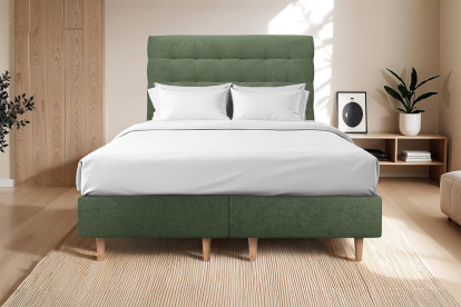 Lit 2x 90x200 cm - Sommier tapissier H35 cm + tête de lit capitonnée - Tissu Toile natté Vert Kaki