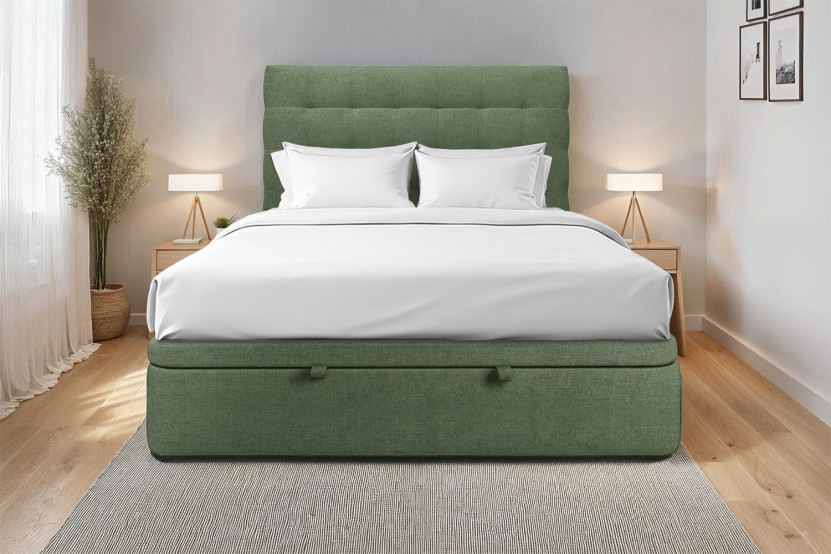 Lit coffre 200x200 cm avec Tête de lit capitonnée - Tissu Toile natté