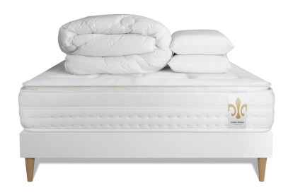 Pack lit complet 200x200 cm - Matelas + Sommier Blanc (en kit) + 2 oreillers + Couette - Vingt-Huit PLUS