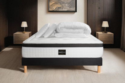 Pack lit complet 140x190 cm - Matelas + Sommier Noir (en kit) + 2 oreillers + Couette - Privilège