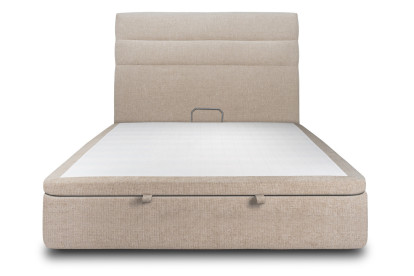 Lit coffre 140x200 cm avec Tête de lit à lignes - Tissu Toile natté Beige Brun