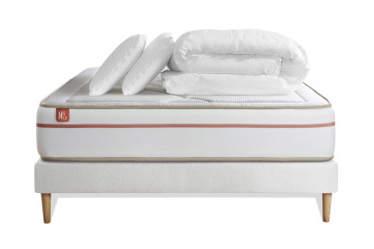 Pack lit complet 140x200 cm - Matelas + Sommier Blanc + 2 oreillers + Couette - Le Paisible