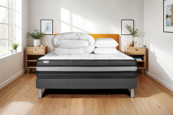 Pack lit complet 160x200 cm - Matelas + Sommier Gris (en kit) + 2 oreillers + Couette - Vital Power Zen