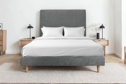 Lit 160x200 cm - Sommier tapissier H29 cm + tête de lit tapissée - Tissu Toile natté Gris Anthracite