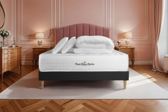 Pack lit complet 200x200 cm - Matelas + Sommier Noir (en kit) + 2 oreillers + Couette - Buckingham