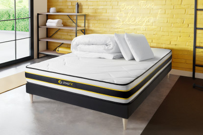 Pack lit complet 180x200 cm - Matelas + Sommier Noir (en kit) + 2 oreillers + Couette - Flexy