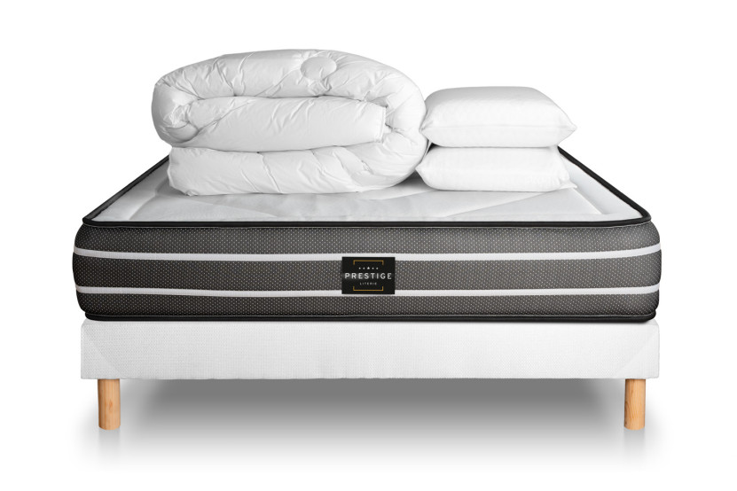 Pack lit complet 140x200 cm - Matelas + Sommier Blanc (en kit) + 2 oreillers + Couette - Exclusive