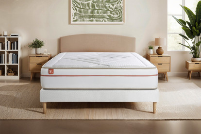 Pack lit complet 200x200 cm - Matelas + Sommier Blanc (en kit) + 2 oreillers + Couette - Le Paisible