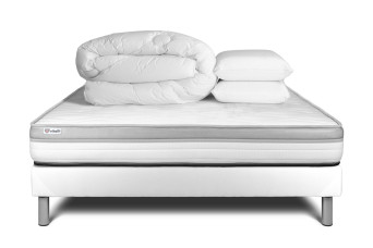Pack lit complet 140x200 cm - Matelas + Sommier Blanc (en kit) + 2 oreillers + Couette - Vital Relax