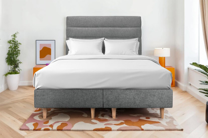 Lit 2x 100x200 cm - Sommier tapissier H35 cm + tête de lit à lignes - Tissu Toile natté Gris Anthracite