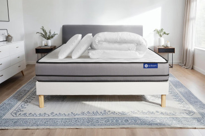 Pack lit complet 140x200 cm - Matelas + Sommier Blanc (en kit) + 2 oreillers + Couette - Actiflex Night