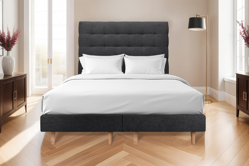 Lit 2x80x200 cm avec Tête de lit capitonnée - Tissu Toile natté