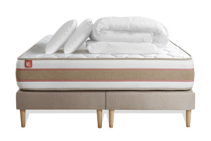 Pack lit complet 160x200 cm - Matelas + 2 Sommiers Beiges + 2 oreillers + Couette - Le Délicat