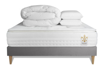 Pack lit complet 160x200 cm - Matelas + Sommier Gris + 2 oreillers + Couette - Vingt-Huit PLUS