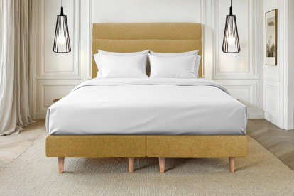 Lit 2x 100x200 cm - Sommier tapissier H29 cm + tête de lit à lignes - Tissu Toile natté Jaune