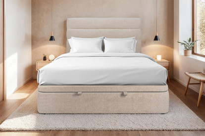 Lit coffre 200x200 cm avec Tête de lit à lignes - Tissu Toile natté Beige Brun