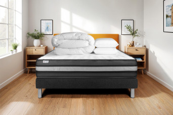 Pack lit complet 180x200 cm - Matelas + Sommier Noir (en kit) + 2 oreillers + Couette - Vital Power Zen