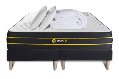 Pack lit complet 180x200 cm - Matelas + 2 Sommiers noirs + 2 oreillers + Couette - Ultra