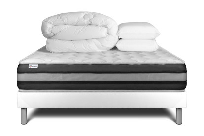 Pack lit complet 140x200 cm - Matelas + Sommier Blanc (en kit) + 2 oreillers + Couette - Vitalspring Zen