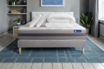 Pack lit complet 200x200 cm - Matelas + Sommier Gris (en kit) + 2 oreillers + Couette - Actimemo Relax