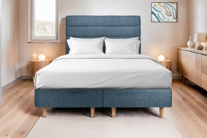 Lit 2x 100x200 cm - Sommier tapissier H35 cm + tête de lit à lignes - Tissu Bouclette Bleu