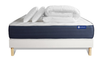 Pack lit complet 140x200 cm - Matelas + Sommier Blanc (en kit) + 2 oreillers + Couette - Actilatex Sleep
