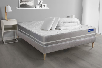 Pack lit complet 180x200 cm - Matelas + Sommier Gris (en kit) + 2 oreillers + Couette - Actimemo Touch