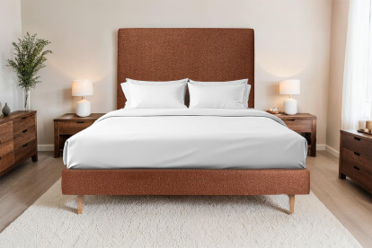 Lit 150x190 cm - Sommier tapissier H29 cm + tête de lit tapissée - Tissu Bouclette Terracotta