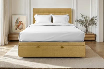Lit coffre 140x200 cm avec Tête de lit capitonnée - Tissu Toile natté Jaune
