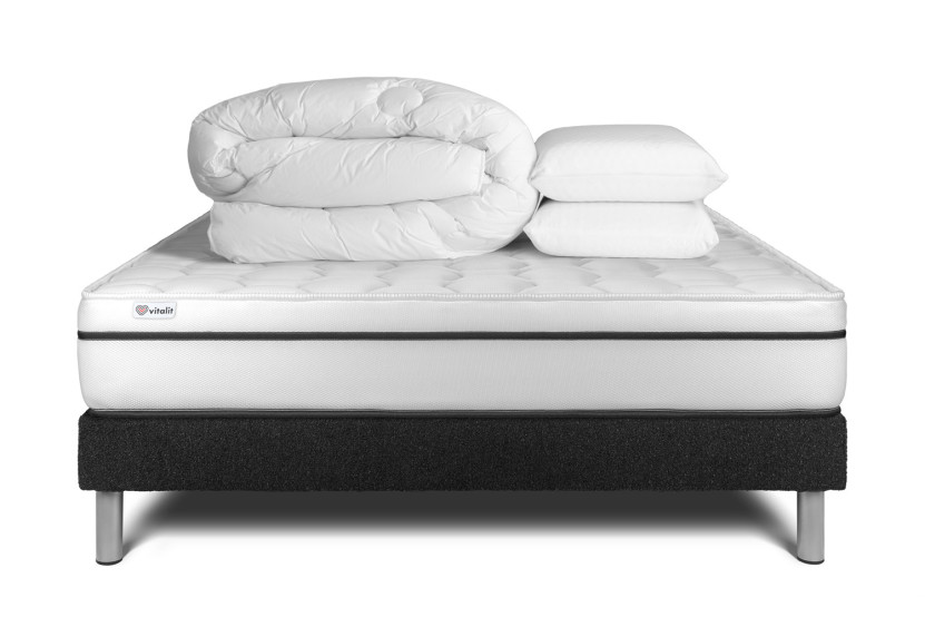 Pack lit complet 140x200 cm - Matelas + Sommier Noir (en kit) + 2 oreillers + Couette - Vital Spa