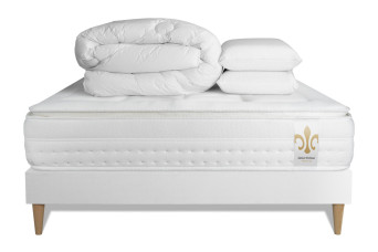 Pack lit complet 140x190 cm - Matelas + Sommier Blanc (en kit) + 2 oreillers + Couette - Vingt-Huit PLUS