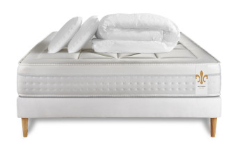 Pack lit complet 200x200 cm - Matelas + Sommier Blanc (en kit) + 2 oreillers + Couette - Vingt-Huit