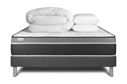 Pack lit complet 140x190 cm - Matelas + Sommier Gris (en kit) + 2 oreillers + Couette - Vital Care