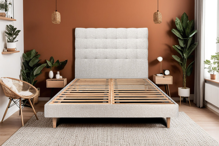 Lit 160x200 cm avec Tête de lit capitonnée - Tissu Bouclette