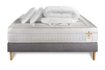 Pack lit complet 200x200 cm - Matelas + Sommier Gris (en kit) + 2 oreillers + Couette - Vingt-Huit