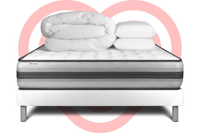 Pack lit complet 140x200 cm - Matelas + Sommier Blanc (en kit) + 2 oreillers + Couette - Vitalpower Recover