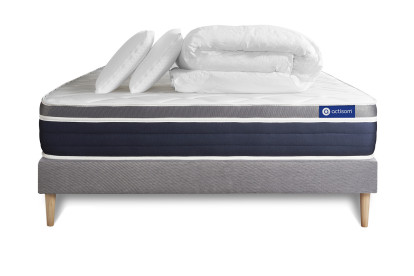 Pack lit complet 140x190 cm - Matelas + Sommier Gris (en kit) + 2 oreillers + Couette - Actimemo Confort