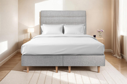 Lit 2x 100x200 cm - Sommier tapissier H35 cm + tête de lit à lignes - Tissu Bouclette Gris