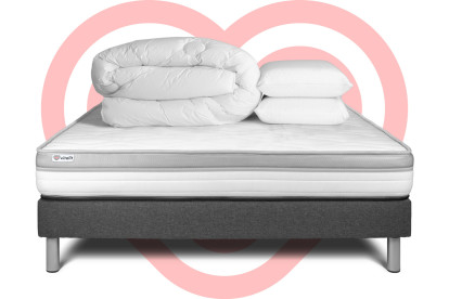 Pack lit complet 140x200 cm - Matelas + Sommier Gris (en kit) + 2 oreillers + Couette - Vital Relax