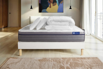 Pack lit complet 200x200 cm - Matelas + Sommier Blanc (en kit) + 2 oreillers + Couette - ActiMemo Zen