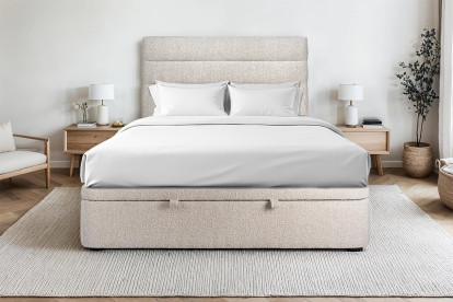 Lit coffre 160x200 cm avec Tête de lit à lignes - Tissu Bouclette Beige Clair