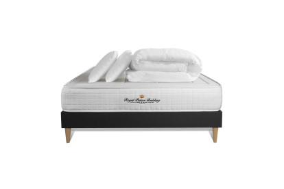 Pack lit complet 140x190 cm - Matelas + Sommier Noir (en kit) + 2 oreillers + Couette - Balmoral