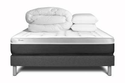 Pack lit complet 140x190 cm - Matelas + Sommier Gris (en kit) + 2 oreillers + Couette - Vital Soft