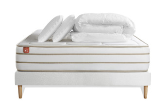 Pack lit complet 180x200 cm - Matelas + Sommier Blanc (en kit) + 2 oreillers + Couette - Le Douillet