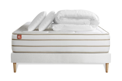 Pack lit complet 180x200 cm - Matelas + Sommier Blanc (en kit) + 2 oreillers + Couette - Le Douillet