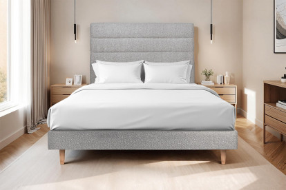 Lit 140x200 cm - Sommier tapissier H29 cm + tête de lit à lignes - Tissu Bouclette Gris